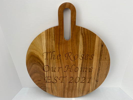 Acacia Wood Charcuterie board customized with your name and established date.